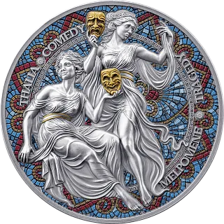 Монета "Мельпомена и Талия. Девять Муз", 2025 г., Серебро, 62,2 гр., проба 999, КАМЕРУН