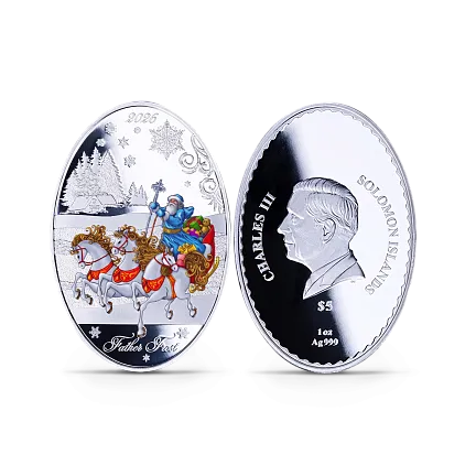 Монета "Дед Мороз и Снегурочка (матрешка)", 2026 г., Серебро, 31,1 гр., проба 999, СОЛОМОНОВЫ ОСТРОВА