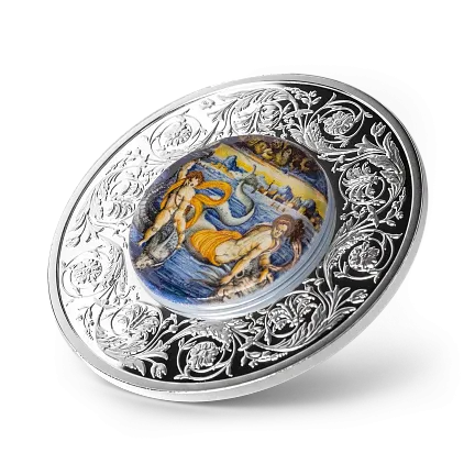Монета "Венера и Купидон", плывущие на дельфинах, 2025 г., Серебро, 31,1 гр., проба 999, МАЛЬТА