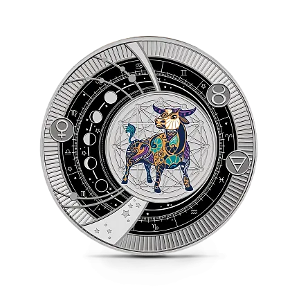 Монета "Знаки зодиака Телец. Подвеска", 2025 г., Серебро, 10 гр., проба 999, КАМЕРУН