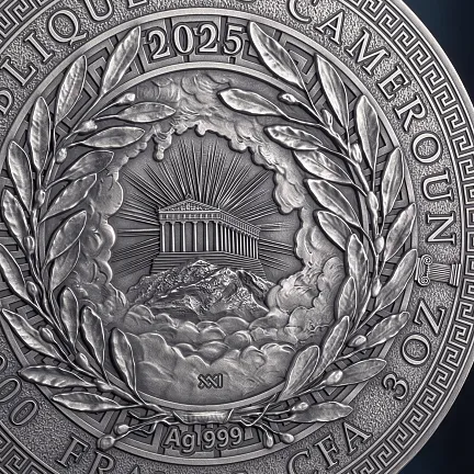 Монета "Гестия", 2025 г., Серебро, 93,3 гр., проба 999, КАМЕРУН