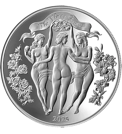 Монета "Три грации", 2025 г., Серебро, 31,1 гр., проба 999, КАМЕРУН