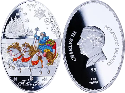 Монета "Дед Мороз и Снегурочка (матрешка)", 2026 г., Серебро, 31,1 гр., проба 999, СОЛОМОНОВЫ ОСТРОВА